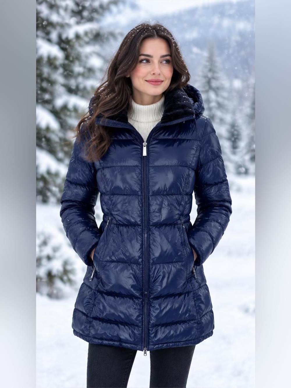 Calvin Klein Glossy Navy Hooded Quilted Puffer Coat